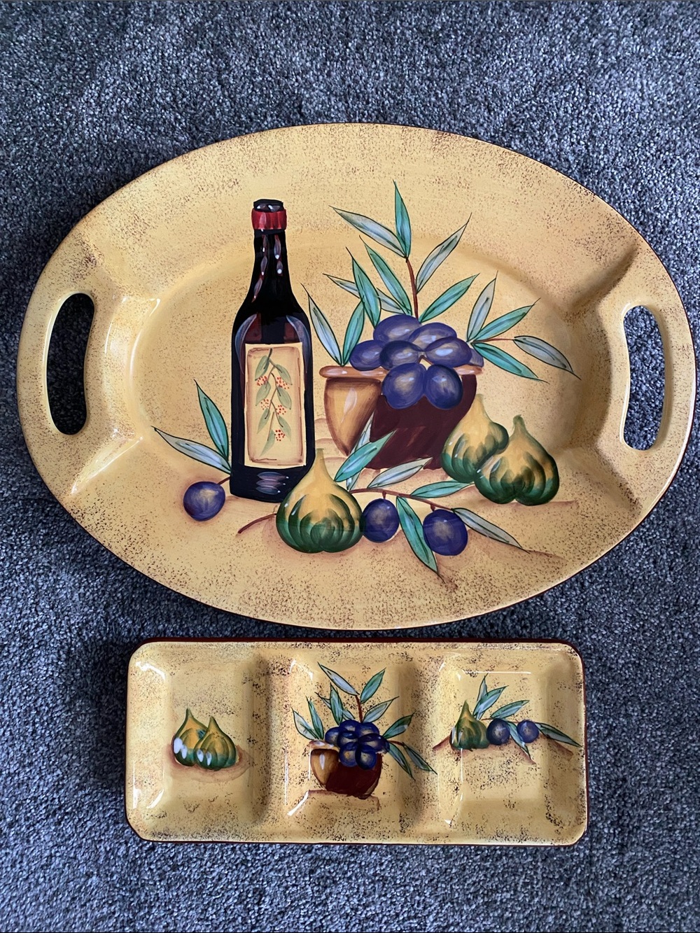 Hand-Painted Ceramic Serving Tray & Divided Dish - Yellow with Fruit Motif